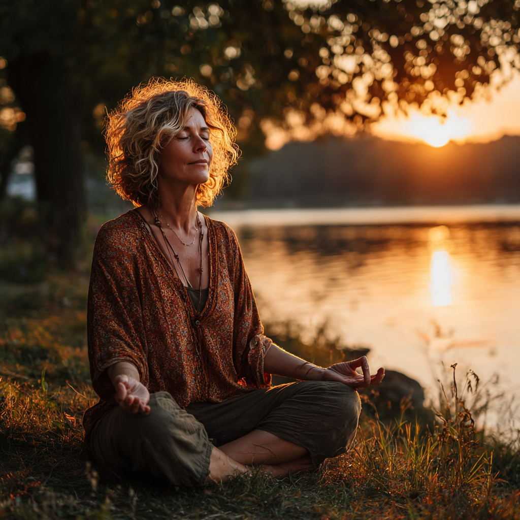 Жінка 52 роки медитує в позі лотоса на природі біля озера на світанку, відчуваючи єдність з природою