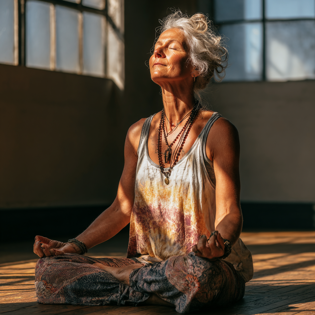 Жінка 55 років виконує асану йоги в світлій студії з природним освітленням, демонструючи гармонію та спокій