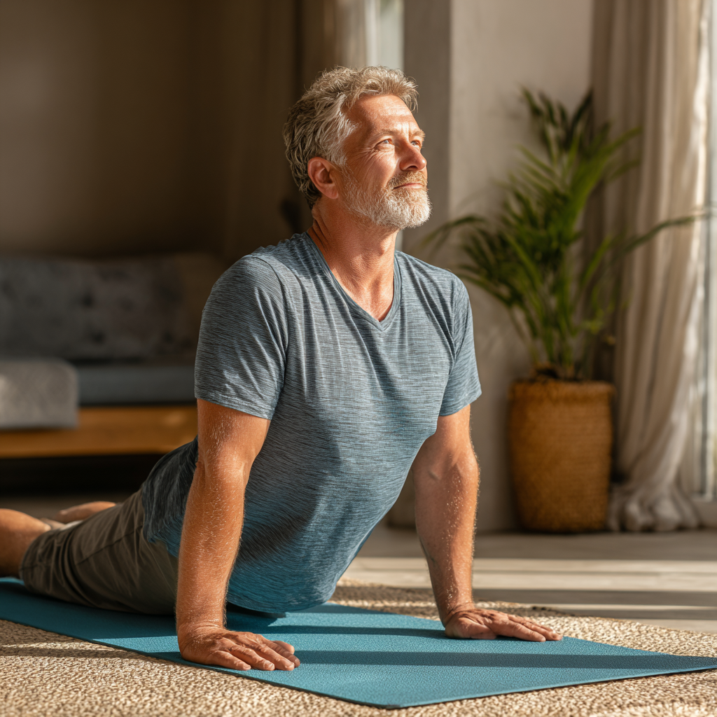Чоловік 58 років на йога-маті виконує прості розтягувальні асани в домашній обстановці, концентруючись на диханні