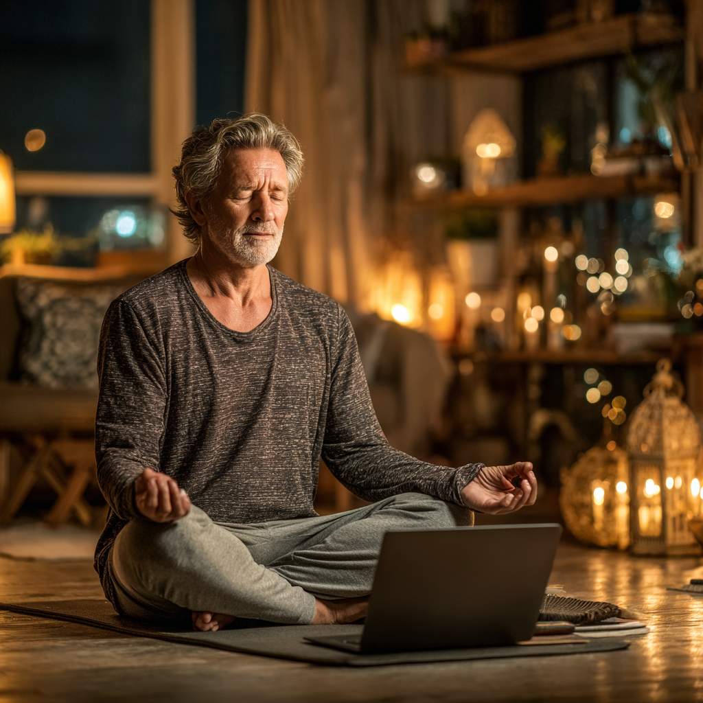 Чоловік 60 років практикує йогу вдома перед ноутбуком, слідуючи онлайн-інструкції в затишній вітальні